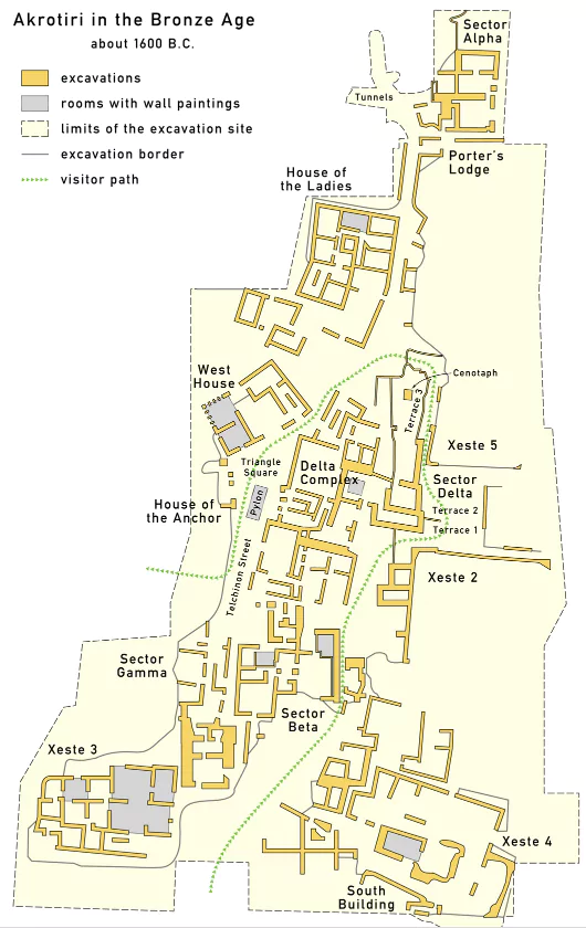 akrotiri excavations in santorini map