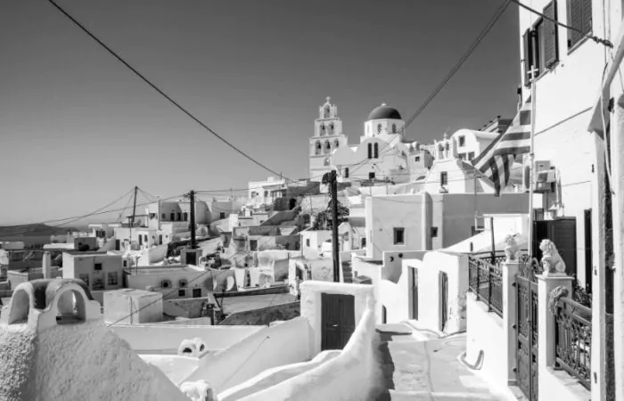 History of Santorini a black and white photo of Santorini Greece